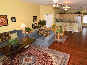 TV, DVD player, books, music library
