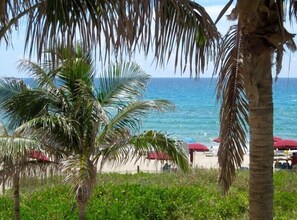 On the beach, sun-loungers
