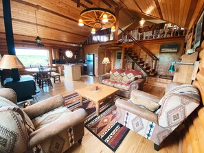 Fireplace, DVD player, books, music library