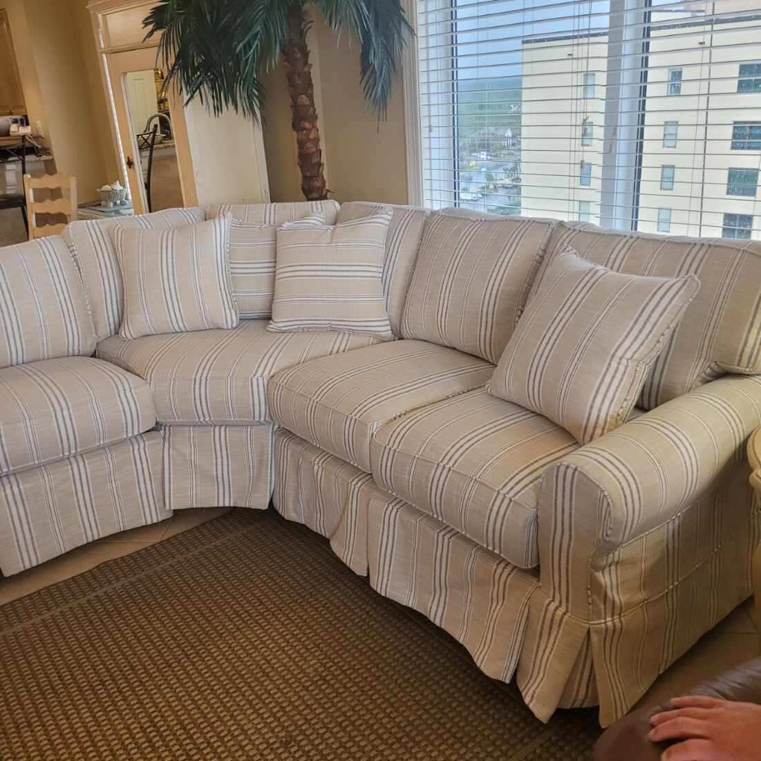 A L-shaped sectional sofa with striped cushions, a brown woven rug, a tall palm tree, and a city view through large windows.