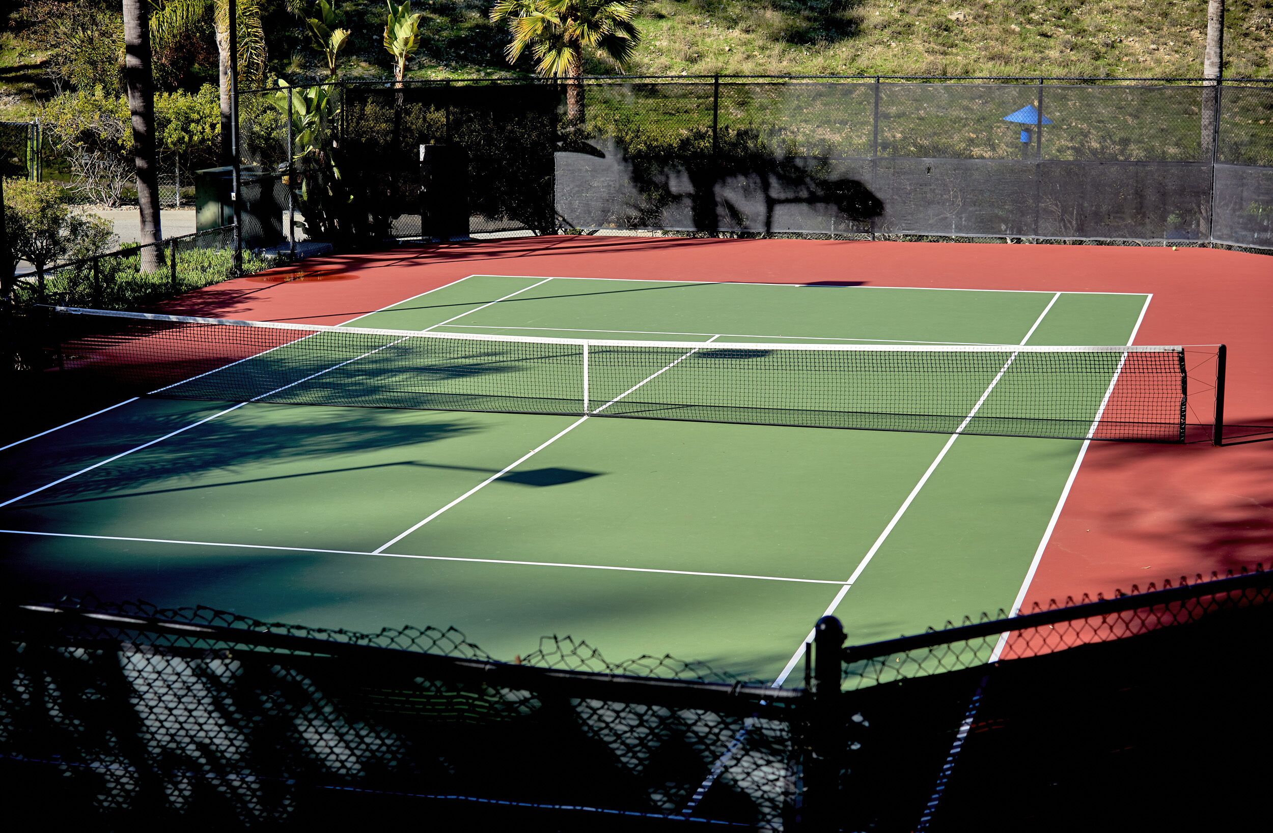 A tennis court with a net, surrounded by a fence and palm trees.