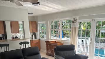 Flat-screen TV, fireplace, stereo, printers