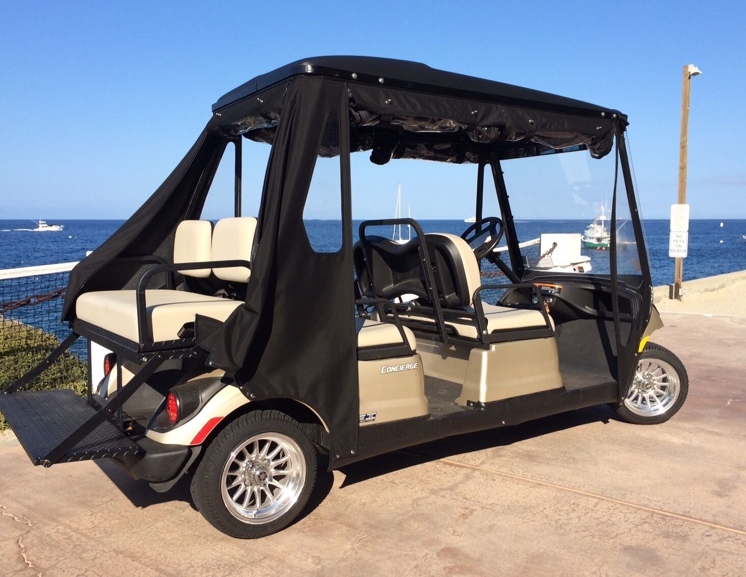 Un carrito de golf con toldo negro, asientos color beige y ruedas cromadas estacionado cerca de una playa con barcos al fondo.