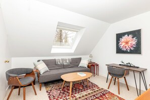 TV connectée, cheminée, livres, chaîne hi-fi