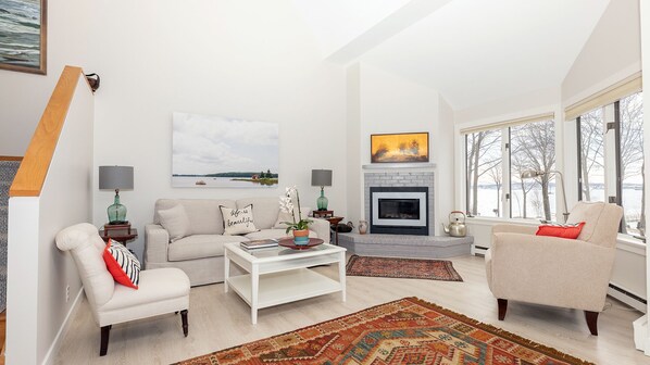 TV connectée, cheminée, livres, chaîne hi-fi