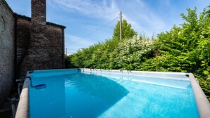 Una piscina rectangular con superficie de agua azul cristalina, rodeada por un muro de ladrillo y abundante vegetación.