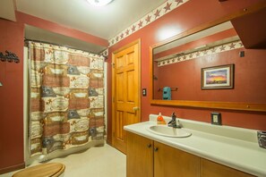 Combined shower/tub, hair dryer, towels, soap