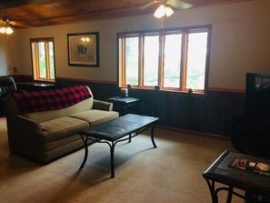 Smart-tv, een open haard, een dvd-speler en boeken