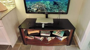 Un televisor sobre un pedestal negro, con un reproductor de DVD debajo, rodeado de libros.