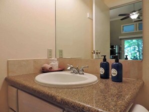 Combined shower/tub, hair dryer, shampoo