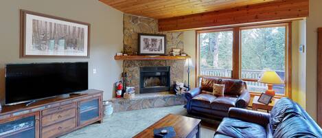 Télévision, cheminée, lecteur de DVD