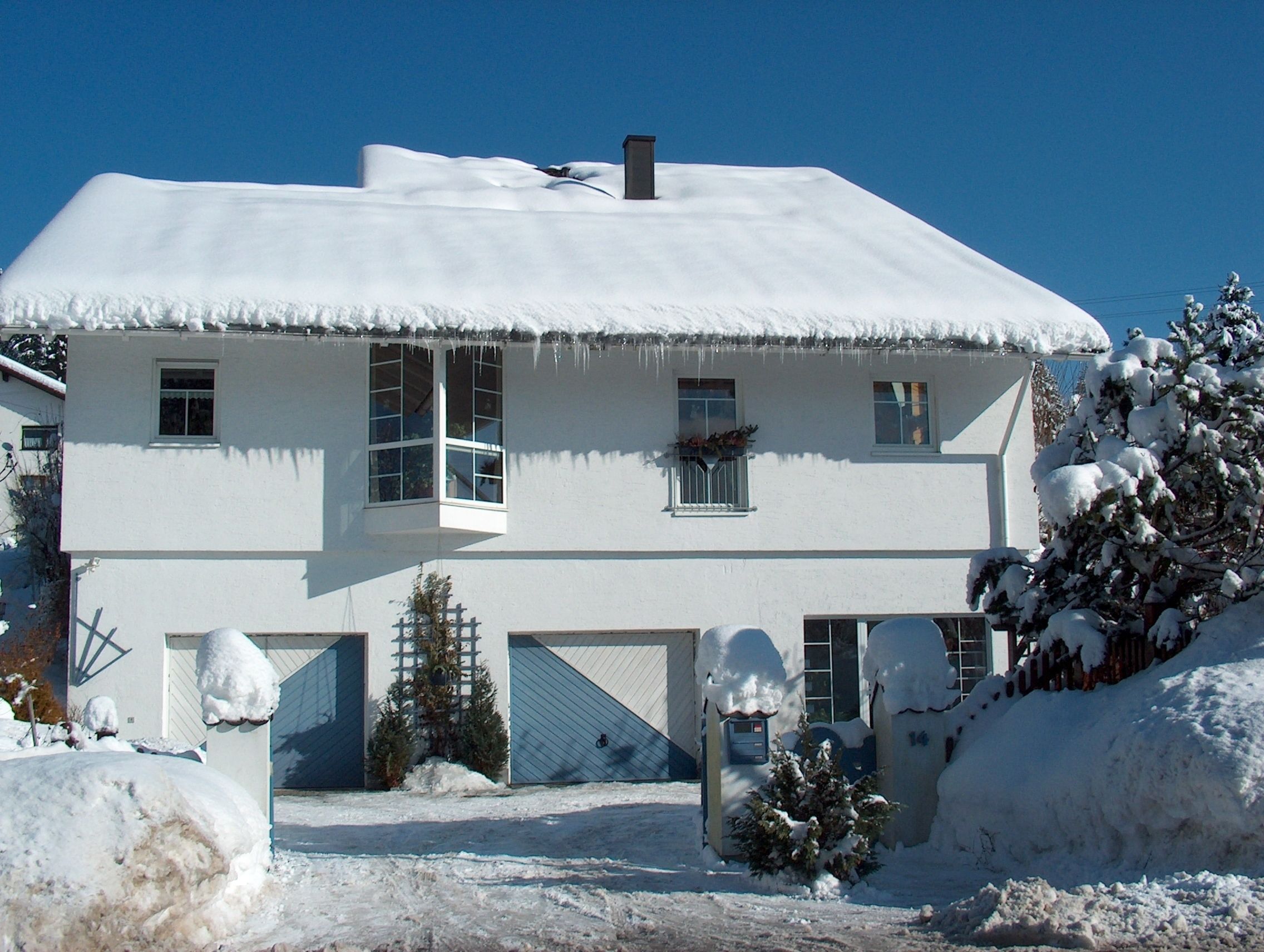 A two-story house covered in snow with a garage and a small tree in front.