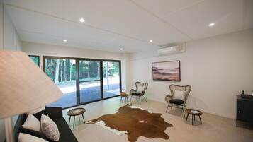 Flat-screen TV, fireplace, DVD player, books