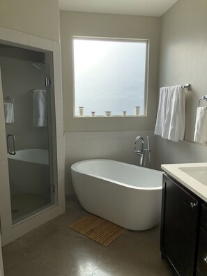 Combined shower/tub, hair dryer, towels, soap