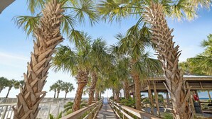 A pathway lined with palm trees and a wooden railing, leading towards a building with a covered area. - Regency Isle 608 by Liquid Life (Orange Beach)