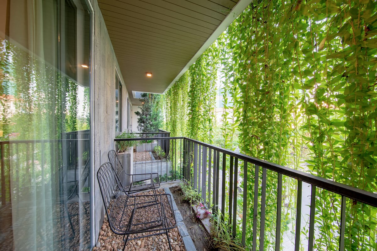 A balcony with a metal bench, a glass railing, and a wall covered in green foliage.