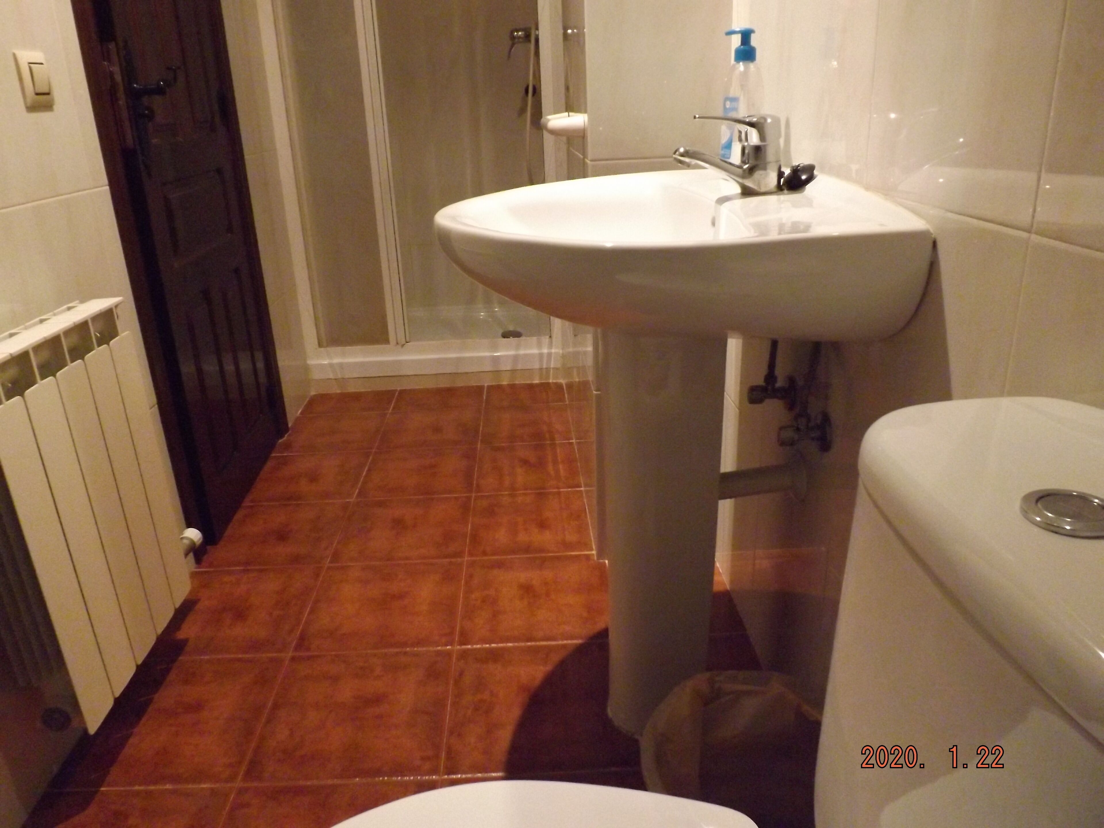 A bathroom with a white sink, a toilet, and a shower area.