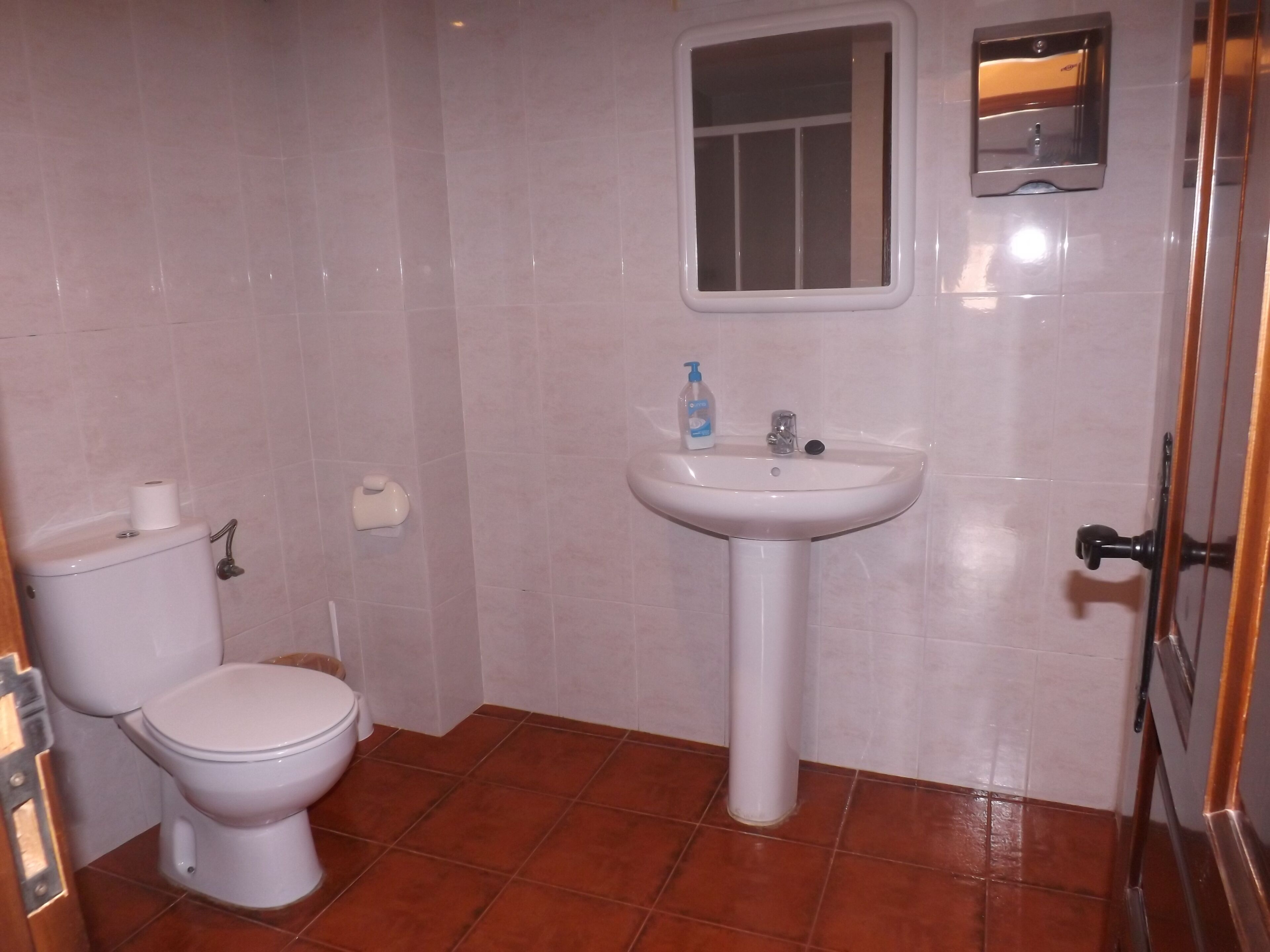 A bathroom with a toilet, a sink, and a mirror.