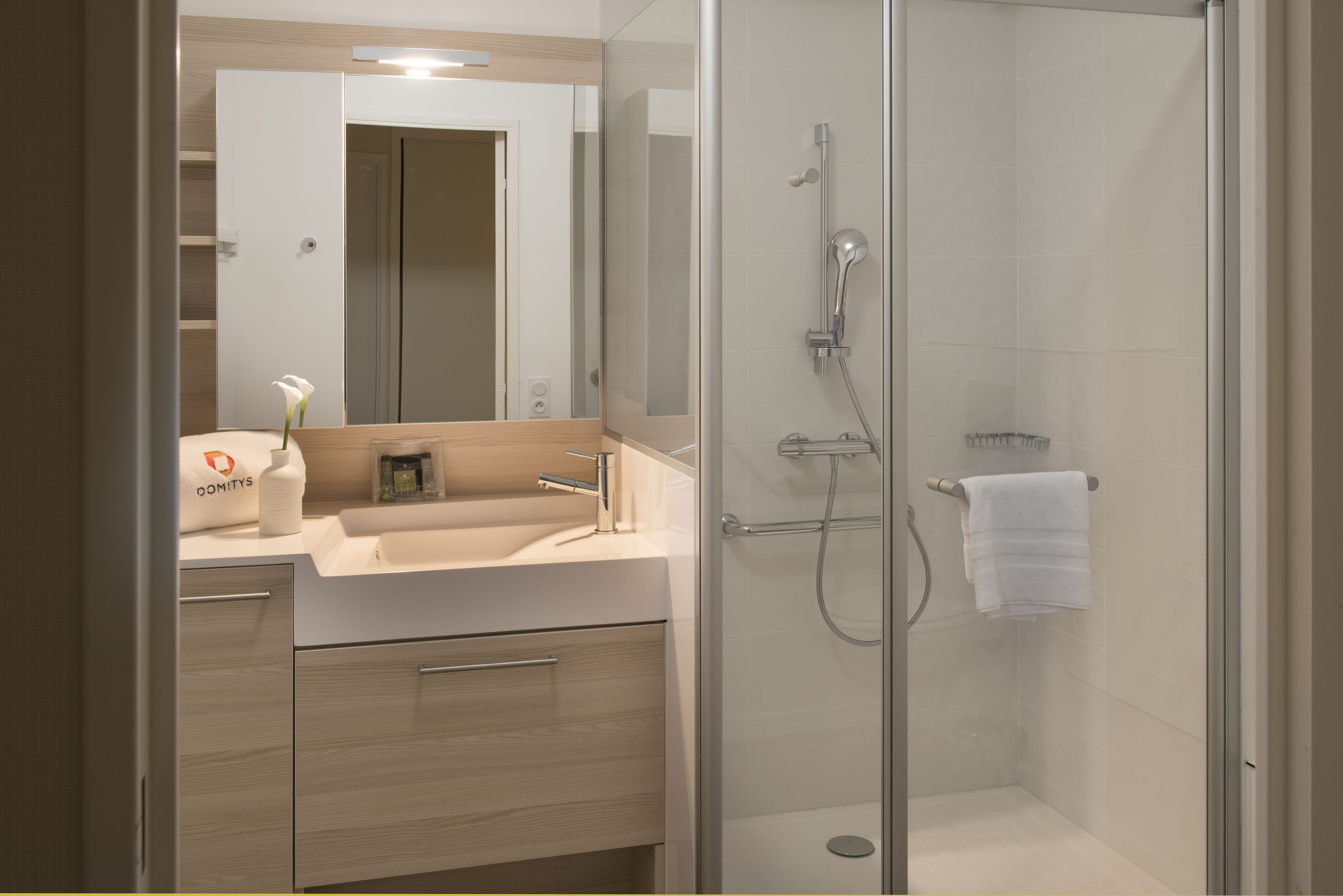 A modern bathroom with a glass-enclosed shower, a sink with a mirror, and a towel rack.