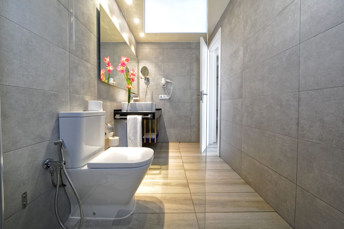 standard room | bathroom | shower, free toiletries, hair dryer, towels