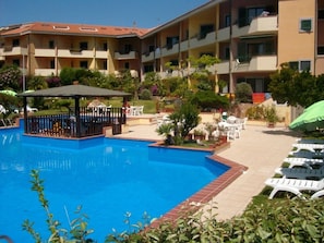 Seasonal outdoor pool, pool umbrellas, sun loungers