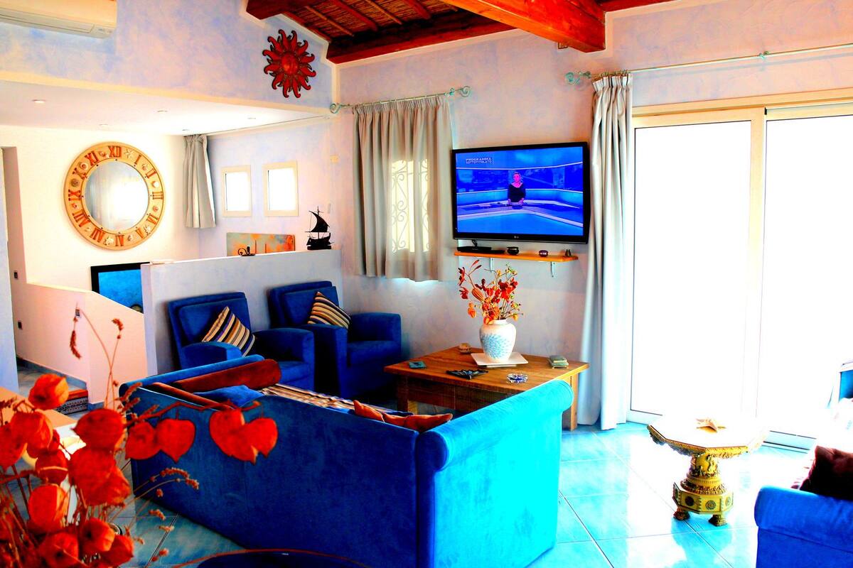 Un salon avec un canapé bleu, une table basse, un téléviseur et un vase décoratif.