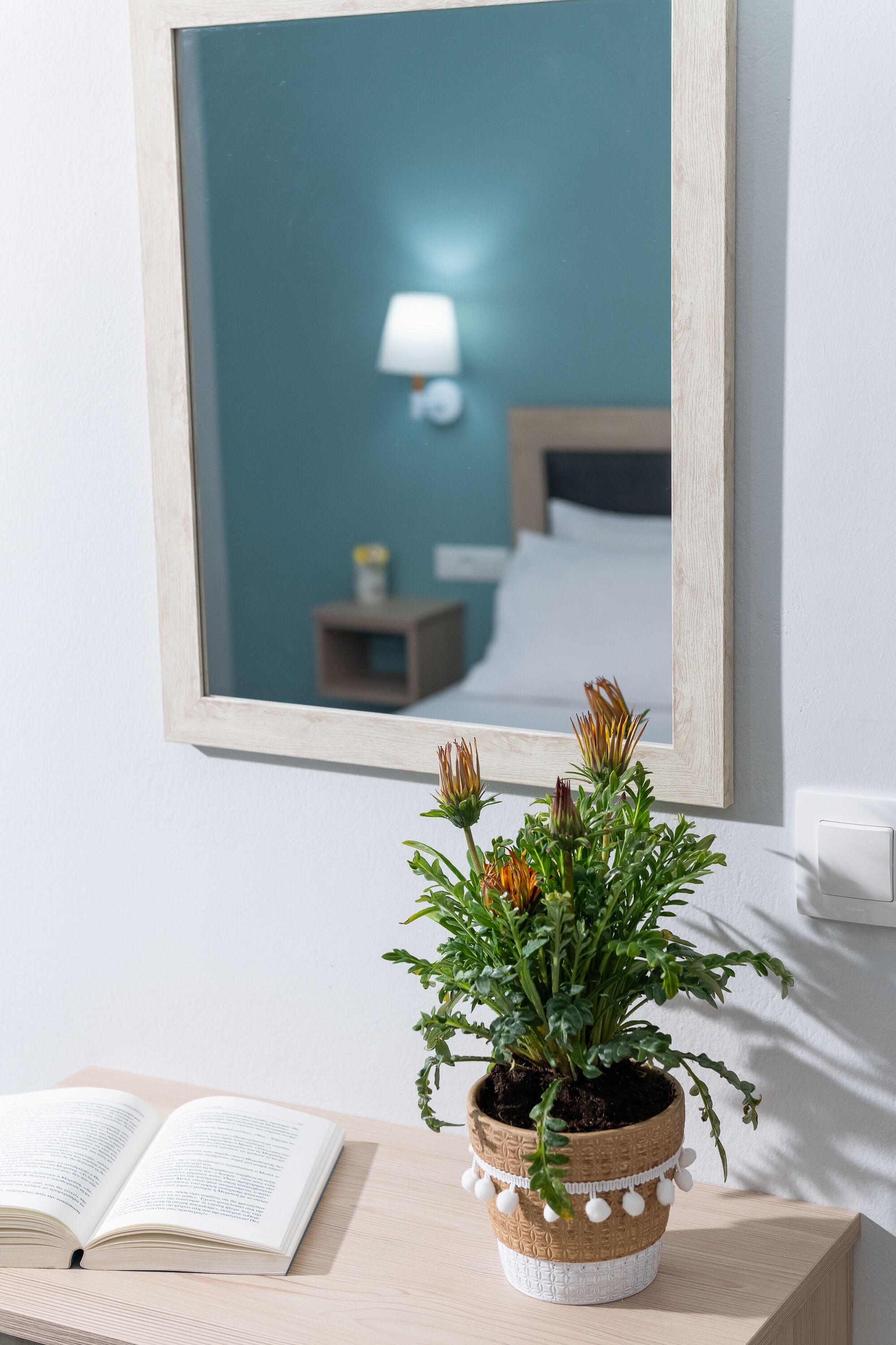 A potted plant on a wooden table with an open book beside it, reflecting a bedroom with a bed and nightstand in the mirror.