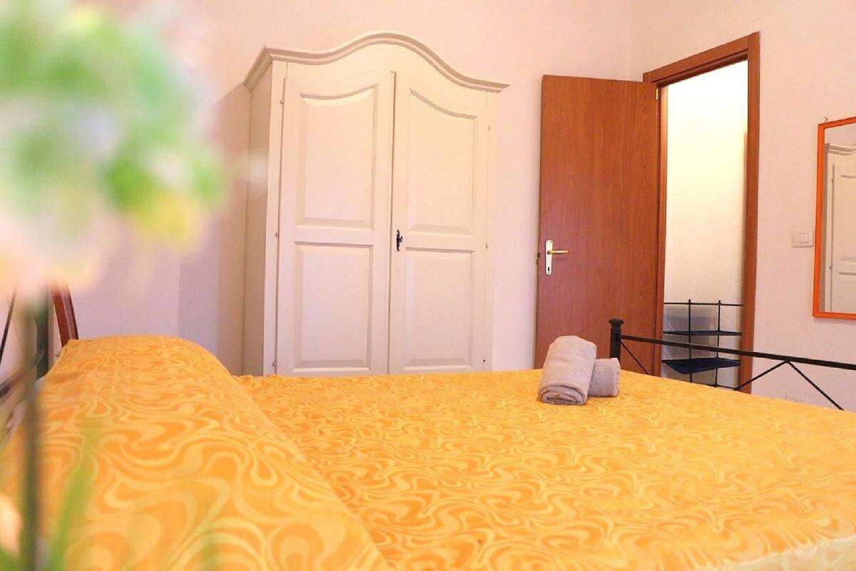 A room with a bed, a wardrobe, and a door.
