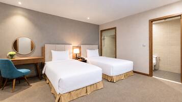 Une chambre d’hôtel avec deux lits, un bureau, une chaise, un miroir et un espace douche.