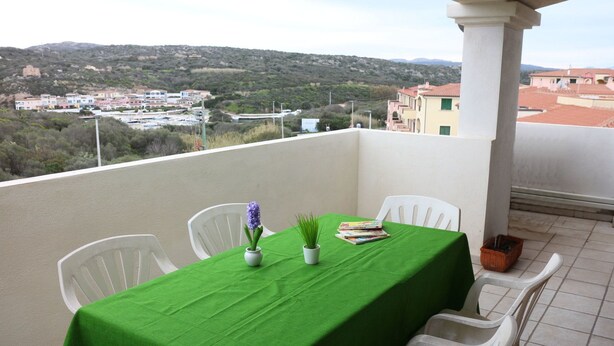 Un balcon avec une nappe verte, des chaises blanches, un vase rempli de fleurs et une petite plante en pot.