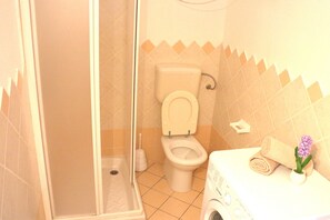 Ein Badezimmer mit Toilette, Dusche und Waschmaschine.