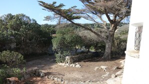 Un patio con muros de piedra, un árbol y un edificio blanco con balcón.