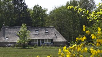 Une maison traditionnelle en briques, dotée d’un toit à forte pente, entourée d’un champ verdoyant et d’une forêt dense.