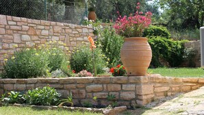 A garden with a stone wall, various plants, and a large terracotta pot. - Emily's Apartments (Corfu)