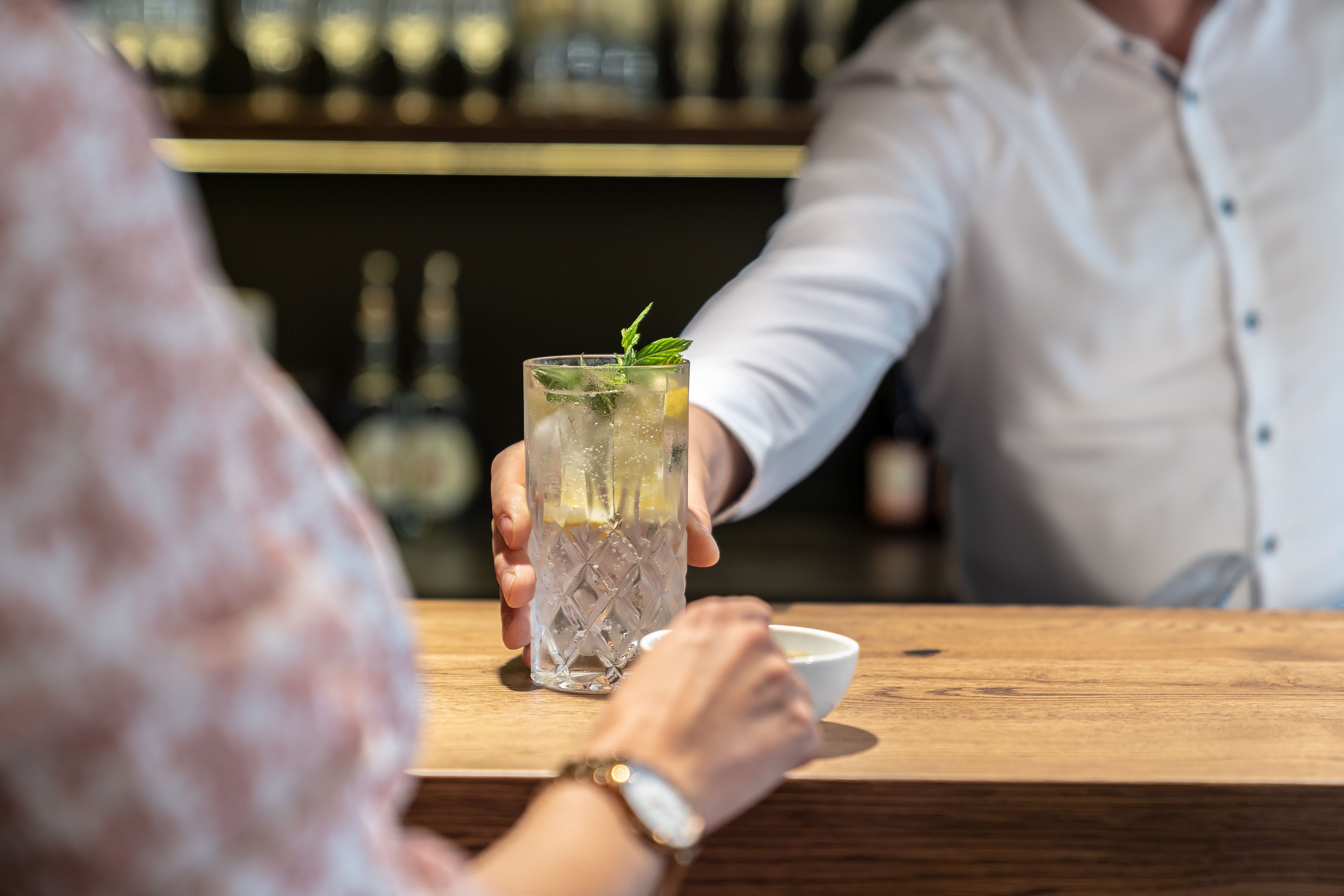 A person holding a tall glass with ice and a mint sprig, with a bar in the background.