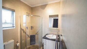 A bathroom with a glass-enclosed shower, a toilet, a sink with a mirror above it, and a window with blinds.