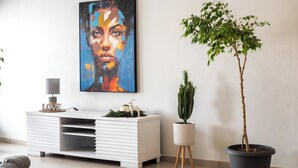 A modern living room with a white entertainment unit, a large abstract painting, a potted plant, and a small cactus on a stand. - Bella Luna B&B (Walvis Bay)
