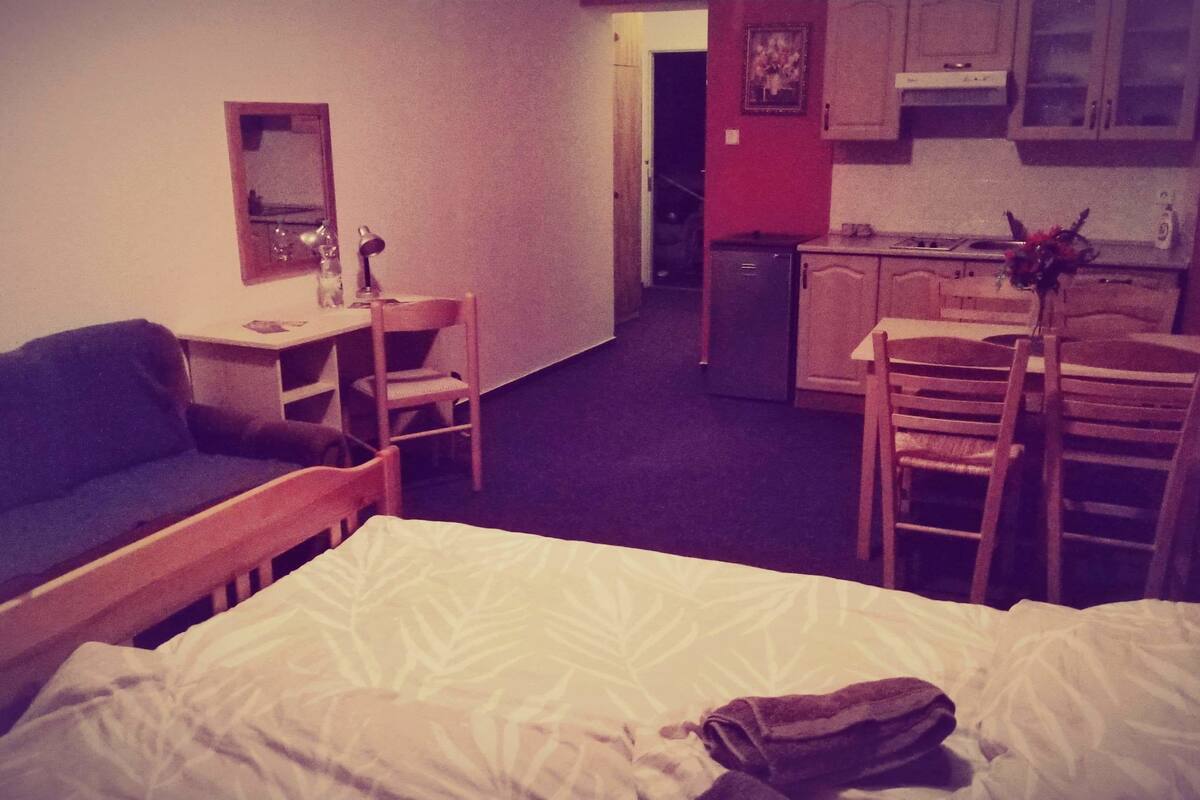 Quarto pequeno e compacto com cama, escrivaninha e cozinha compacta.
