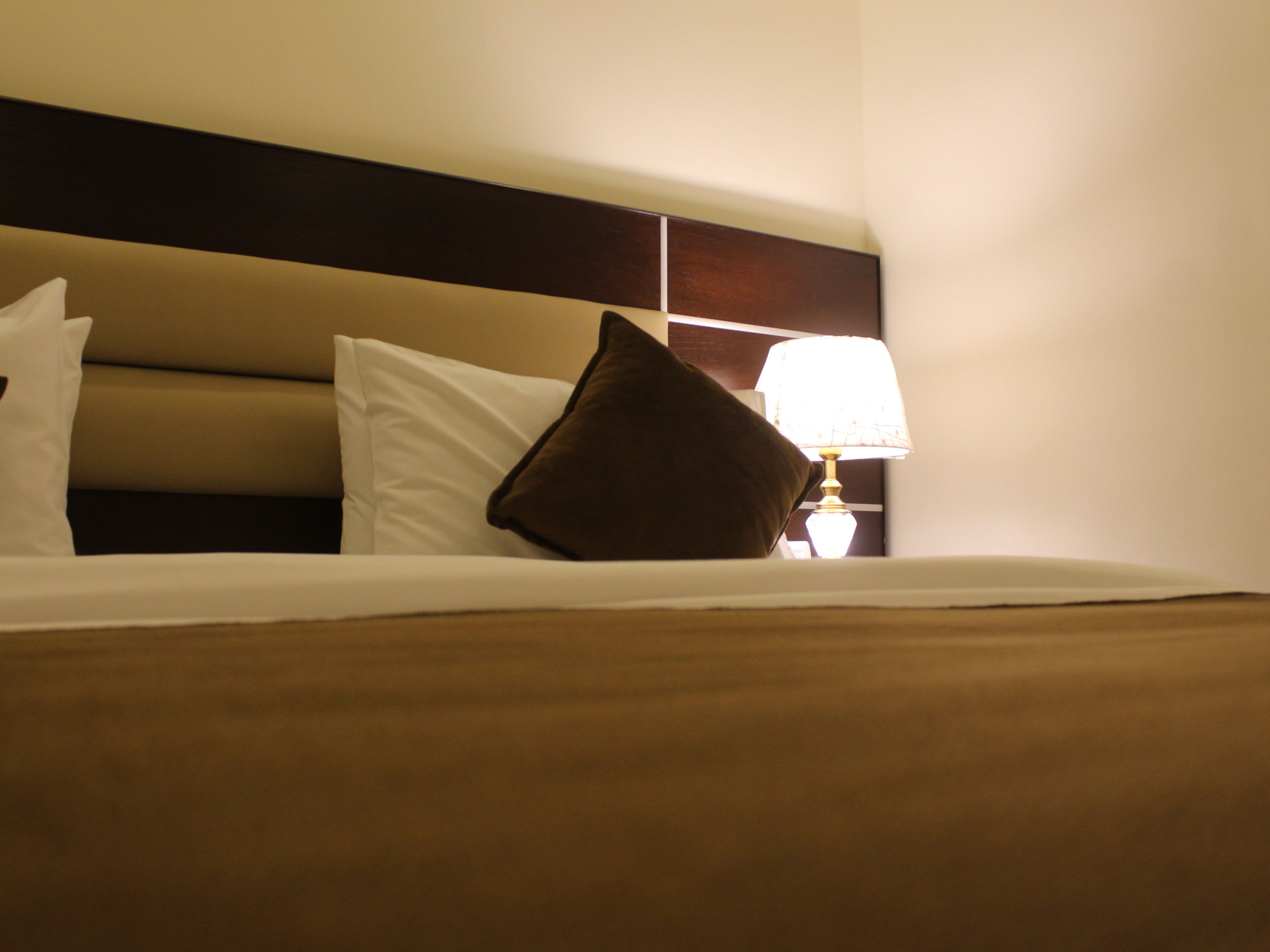 A hotel room with a bed, pillows, and a bedside lamp.