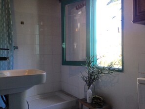 Shower, towels, soap, shampoo