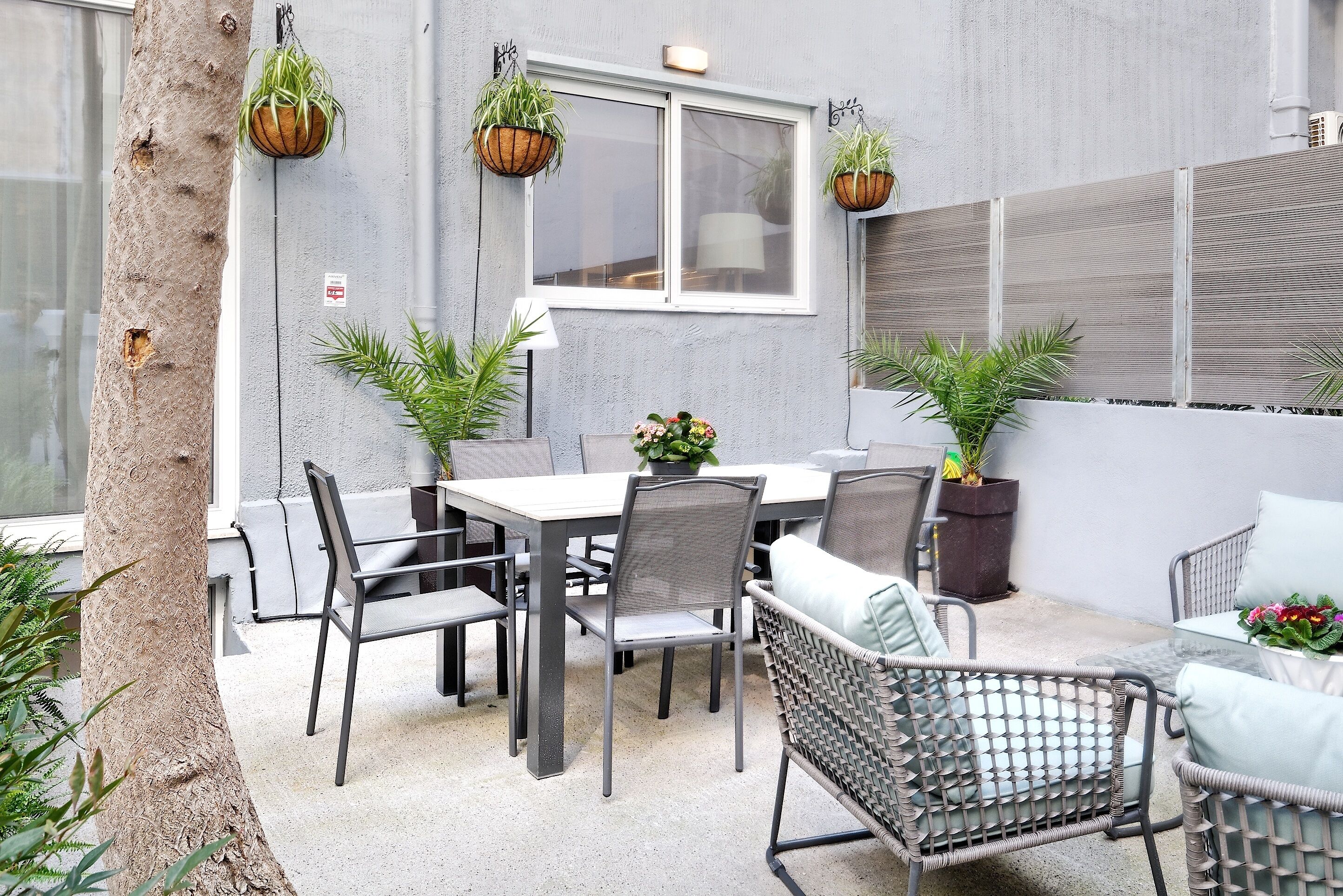 An outdoor patio with a table and chairs, potted plants, and a tree.