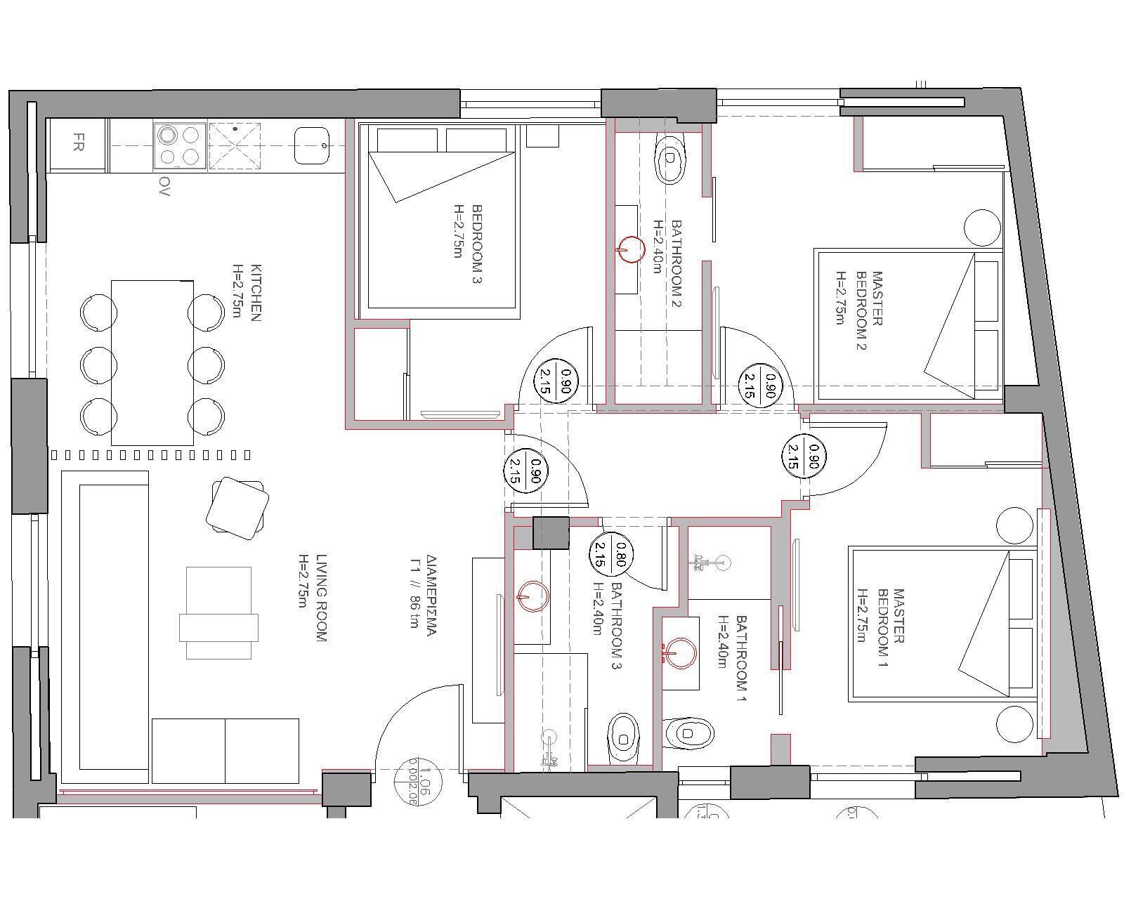 Un plan d’étage d’un hôtel comprenant une cuisine, trois chambres, deux salles de bain, un salon et un coin repas.