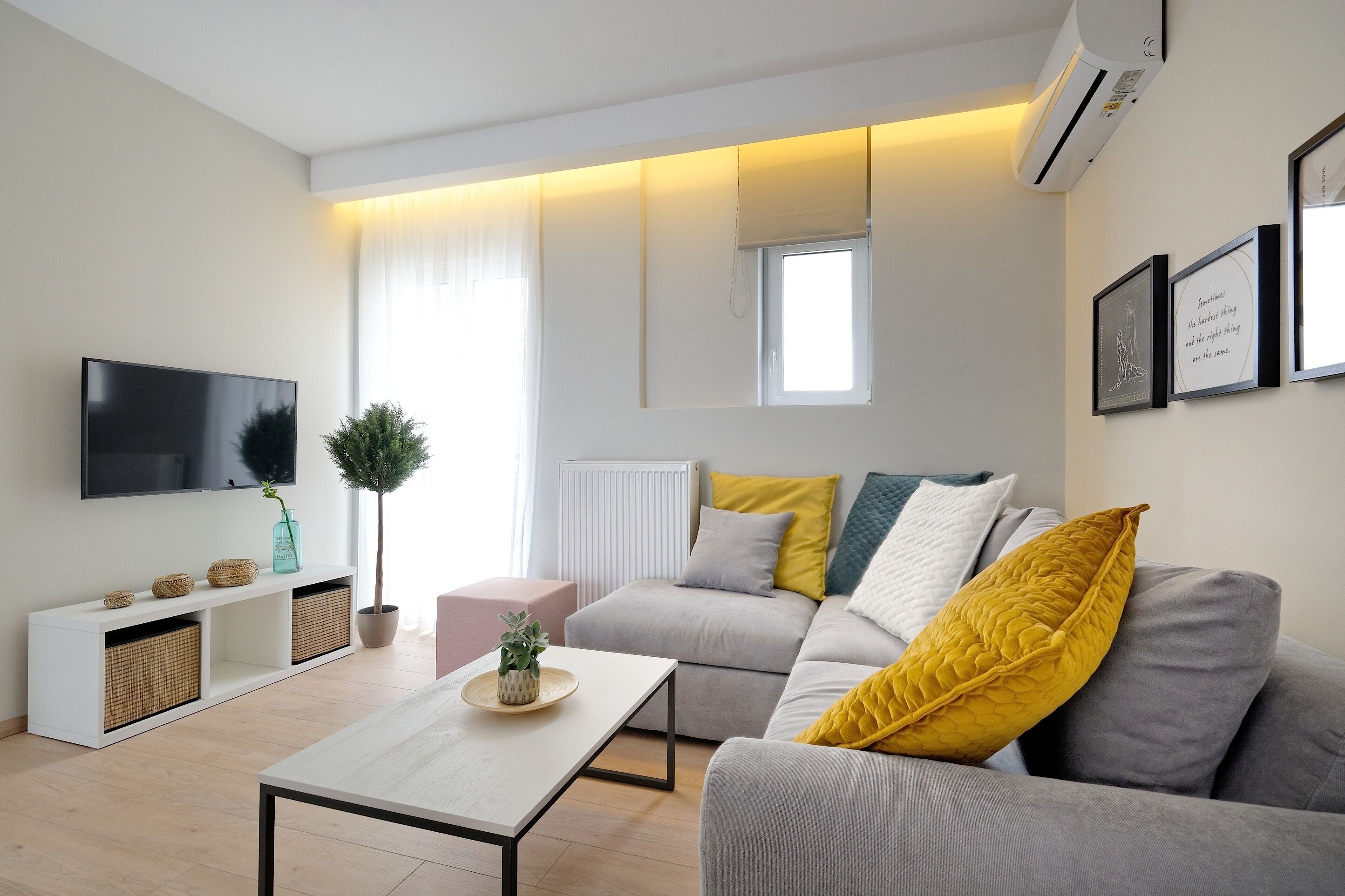Una sala de estar moderna con un sofá, una mesa de centro, un televisor y un radiador.