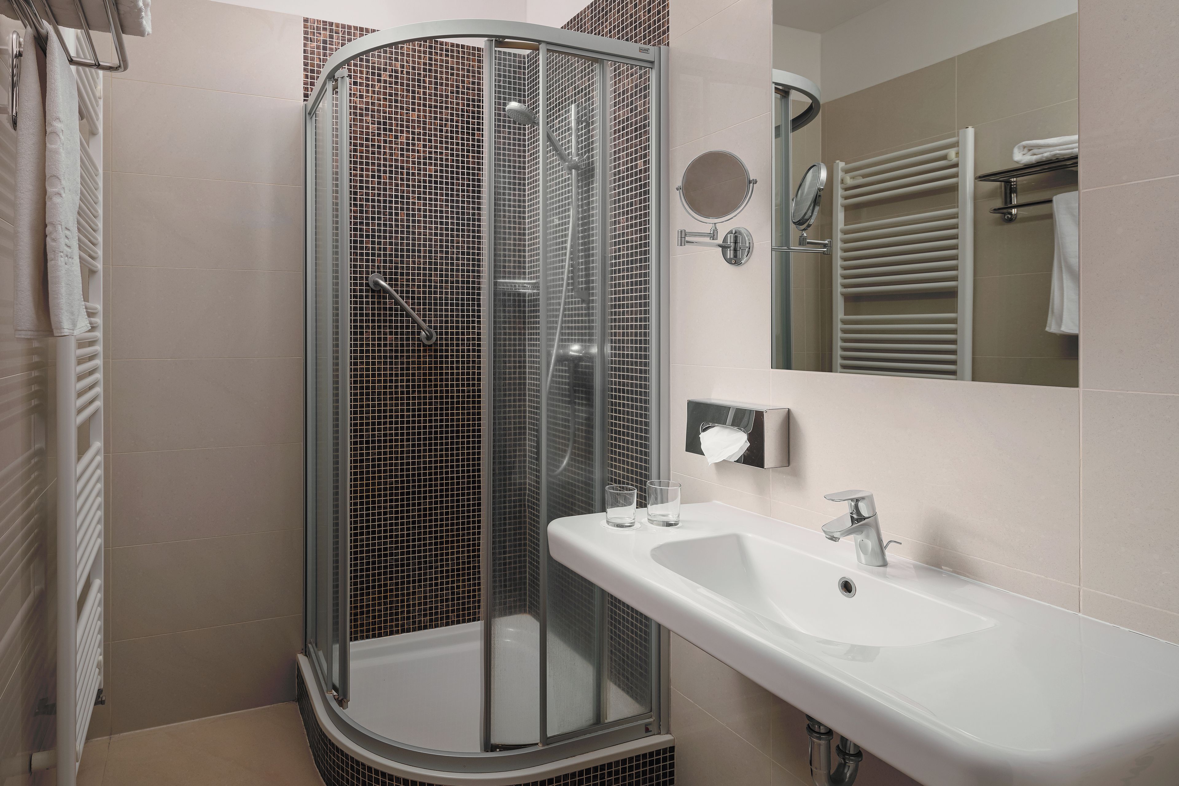 A modern bathroom with a glass shower enclosure, a white sink, and a mirror.