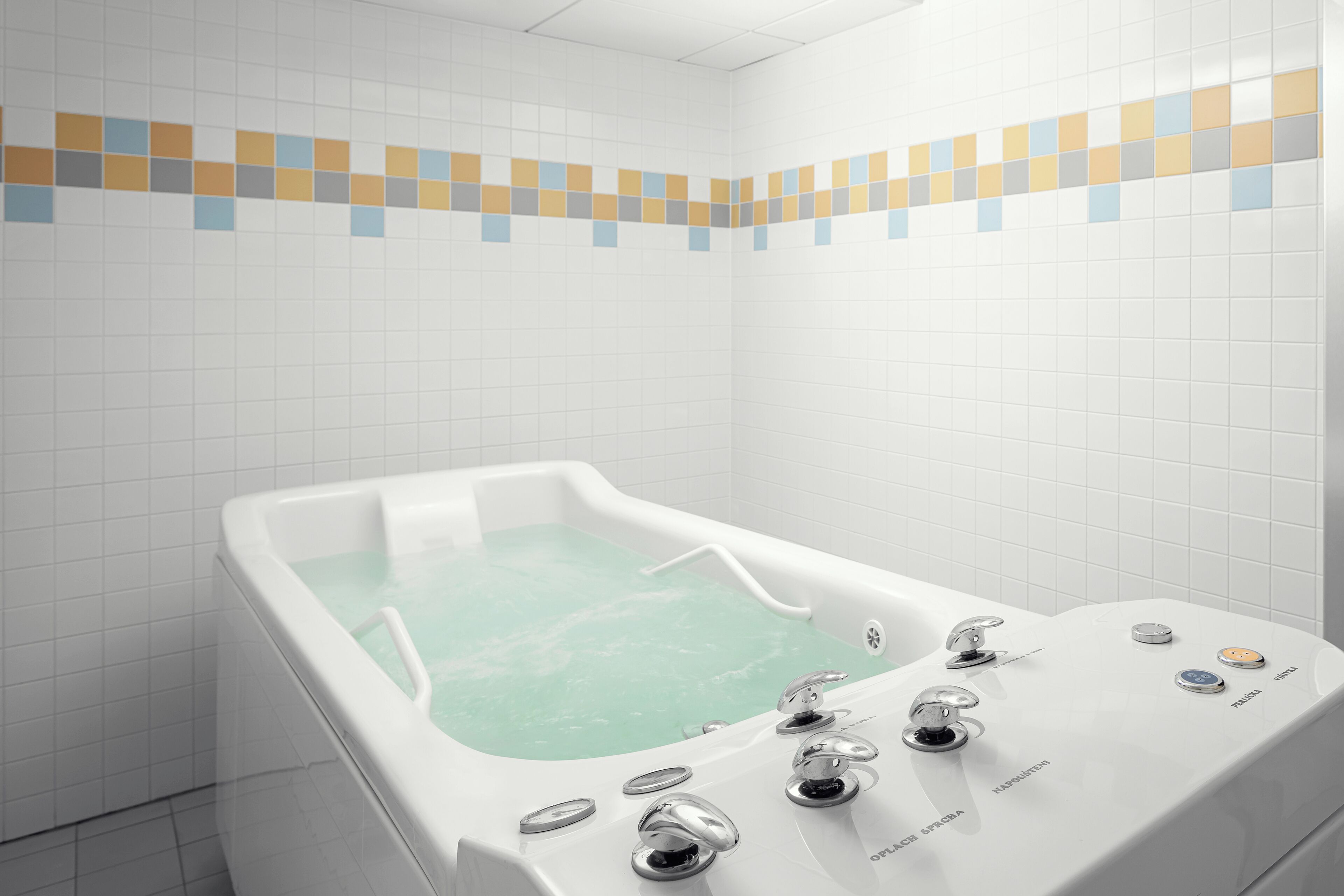 A modern bathroom with a freestanding bathtub, a handheld showerhead, and a control panel with multiple settings.