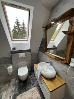 A modern bathroom with a skylight, a large mirror, and a wooden vanity.