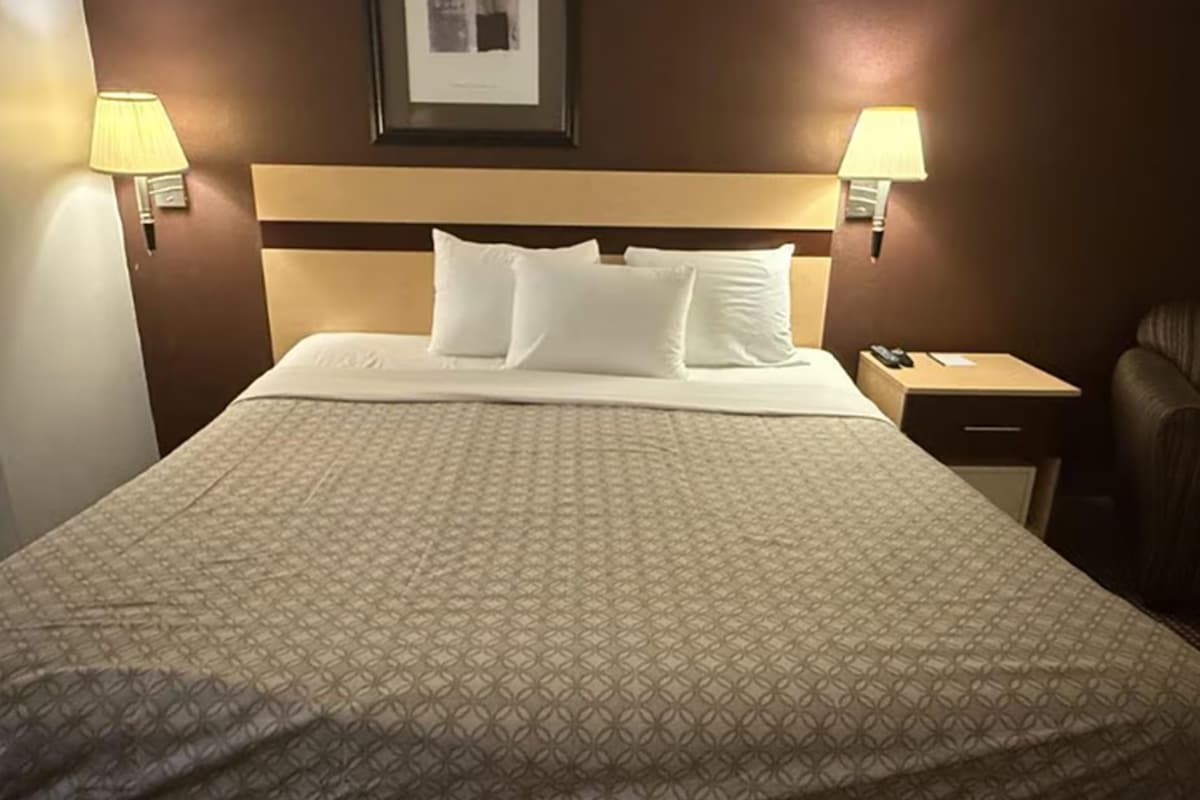 A hotel room with a large bed, two bedside lamps, a nightstand, and a framed picture on the wall.