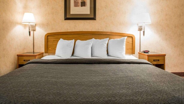 Een hotelkamer met een groot bed, twee nachtkastjes, een lijst met een afbeelding aan de muur en twee wandlampen.