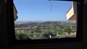 Vista a través de una ventana, mostrando un paisaje con árboles y edificios.