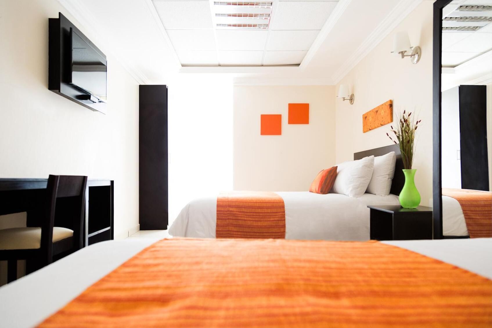 Habitació d'hotel amb un llit, un escriptori, una cadira, un mirall i un vas amb plantes.
